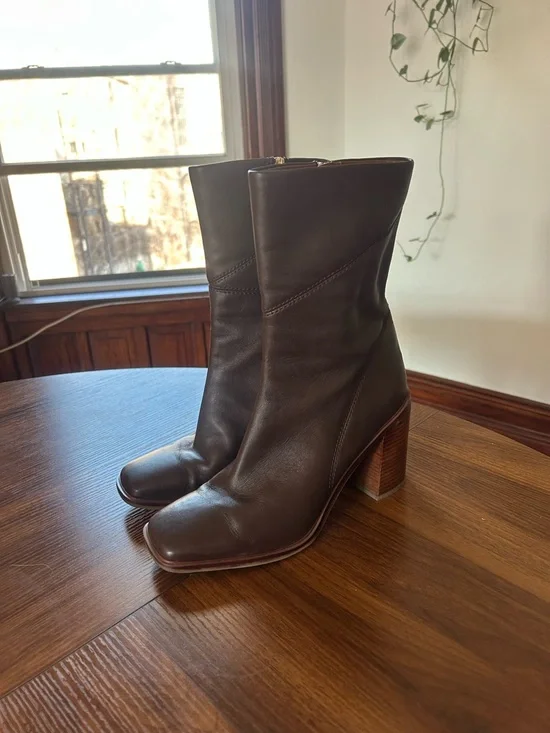 Franco Sarto Dark Brown Leather Ankle Booties with Block Heel - Picture 5 of 9